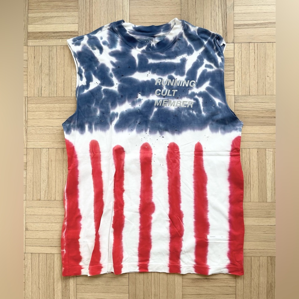 Running Cult Member Tie-Dye Sleeveless Tank Top - Blue, White & Red